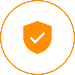 Orange shield icon with a checkmark in the center, encircled by an orange ring, on a black background.